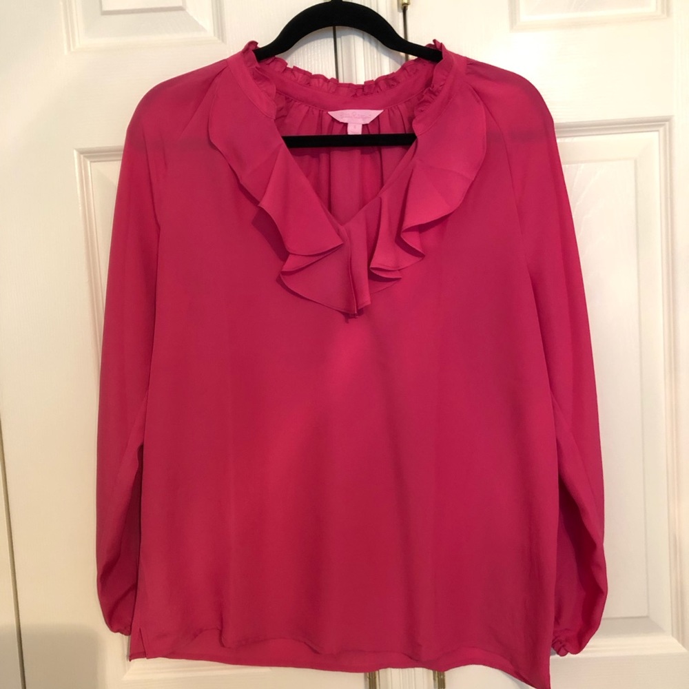 Lilly Pulitzer Hot Pink Ruffle-Trim V-Neck Blouse